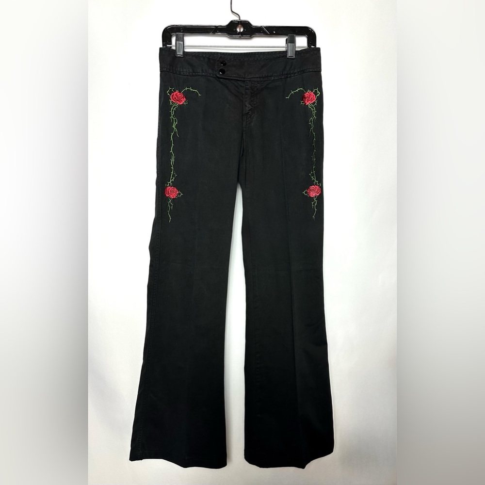 Idols Black Pants with Red Rose Embroidery